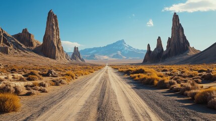 A narrow desert road with large rock spires, ultra detailed