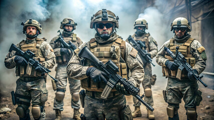 Fototapeta premium Special forces soldiers equipped with rifles, helmets, and combat gear in a tense combat setting.