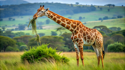 Obraz premium majestic giraffe grazes on acacia leaves, its long neck stretching towards the sky in a serene African landscape.
