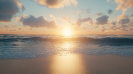 A serene beach at twilight, the sun setting behind the horizon