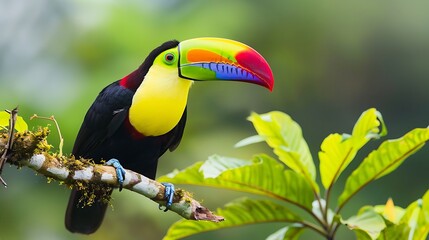 Fototapeta premium A vibrant toucan with a red and purple beak perched on a branch