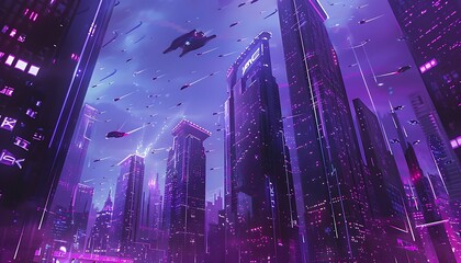 Evening in Futuristic City with Sharp-Angled Skyscrapers and Transparent Walkways