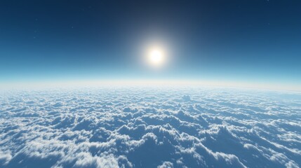 A serene morning sky above sparse clouds, deep blue with a tiny bright sun
