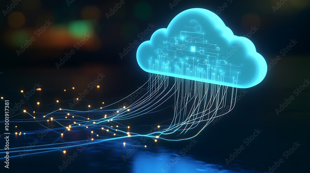Poster A glowing blue cloud with data flowing out of it, representing cloud computing and data storage.