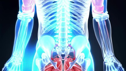 Detailed anatomical illustration of the human hip flexor muscles, showing their structure and attachment points to the skeleton. This image can be used for medical education or anatomy studies.