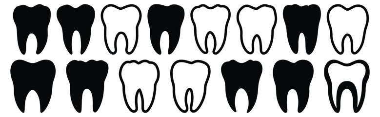 Tooth silhouettes set, dental pack of vector silhouette design, isolated background.
