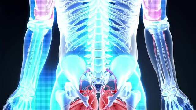 Detailed anatomical illustration of the human hip flexor muscles, showing their structure and attachment points to the skeleton. This image can be used for medical education or anatomy studies.