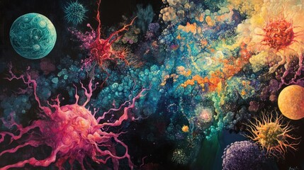 Obraz premium Abstract Cosmic Painting with Colorful Nebulae and Planets