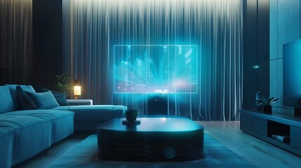 Futuristic Hologram Device Projecting 3D Screen in Modern Living Room