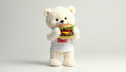 Cute teddy bear wear t-shirt eating a hamburger diet concept
