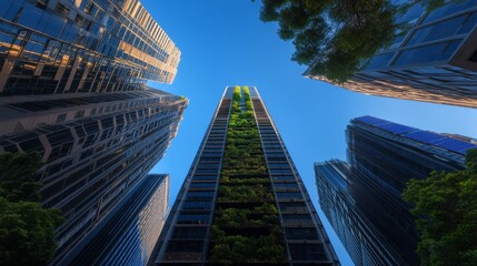 This captivating cityscape showcases towering skyscrapers adorned with vertical gardens and solar panels, merging urban life with nature under a bright blue sky