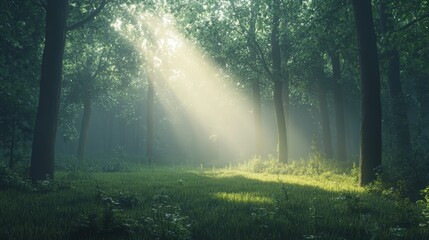 Obraz premium A tranquil forest at dawn, shrouded in mist