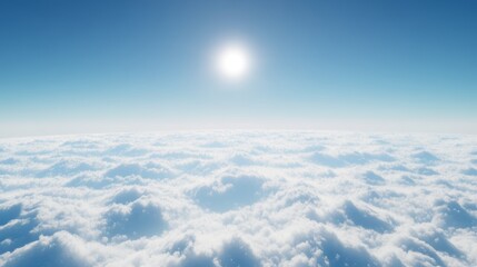 A tranquil skyscape above the clouds, with a vivid blue sky and a tiny bright sun just over the horizon