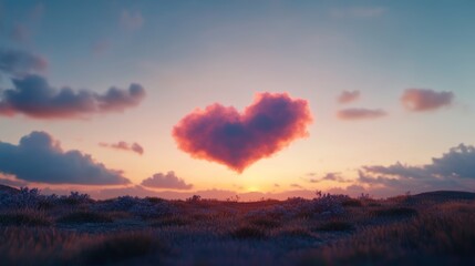Obraz premium A warm sky at dusk with a single cloud shaped like a love letter, softly illuminated by the fading light