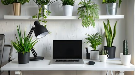 Fototapeta premium Background of minimal home office workplace in modern apartment decorated with shelf with plants and lamp laptop on white table