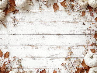  A rustic white wooden background with an autumn-themed frame of leaves and pumpkins.