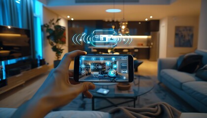 Futuristic Living Room with Smartphone Projecting 3D Holographic Smart Home Controls