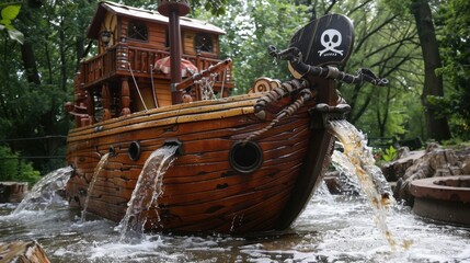 Obraz premium Pirate Ship Swing: A thrilling pendulum ride designed like a pirate ship, swinging higher with each arc for stomach-dropping excitement and exhilarating fun. 