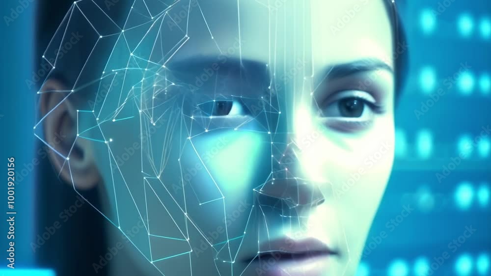 Poster Software is analyzing woman's face for authentication and personal identification. Biometric verification and cyber security concept