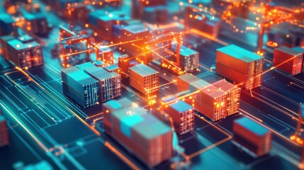 Obraz premium Shipping Containers Connected by Neon Lines on a Circuit Board