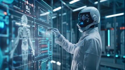 Futuristic robot scientist in a lab analyzing medical data on a large touchscreen.