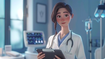 Cartoon depiction of smiling female doctor holding clipboard with stethoscope around neck for representing healthcare compassion medical service and professional hospital care concept.