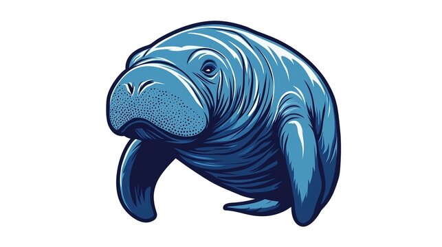 A playful manatee head mascot logo design vector on a clean white background. The logo features a cartoon-style representation of a friendly manatee, showcasing its distinctive rounded face, large eye