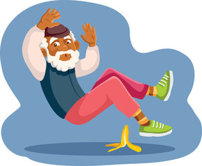 Elderly Man Falling Slipping on Banana Peel Vector Cartoon. Unlucky grandpa feeling suffering an accident 
