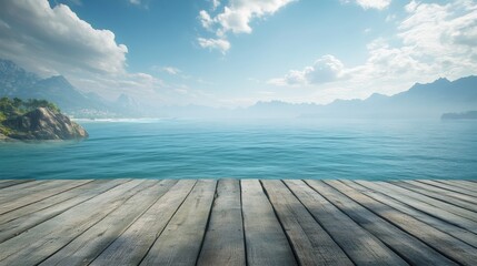 Fototapeta premium View from a rustic wooden deck, facing the infinite ocean