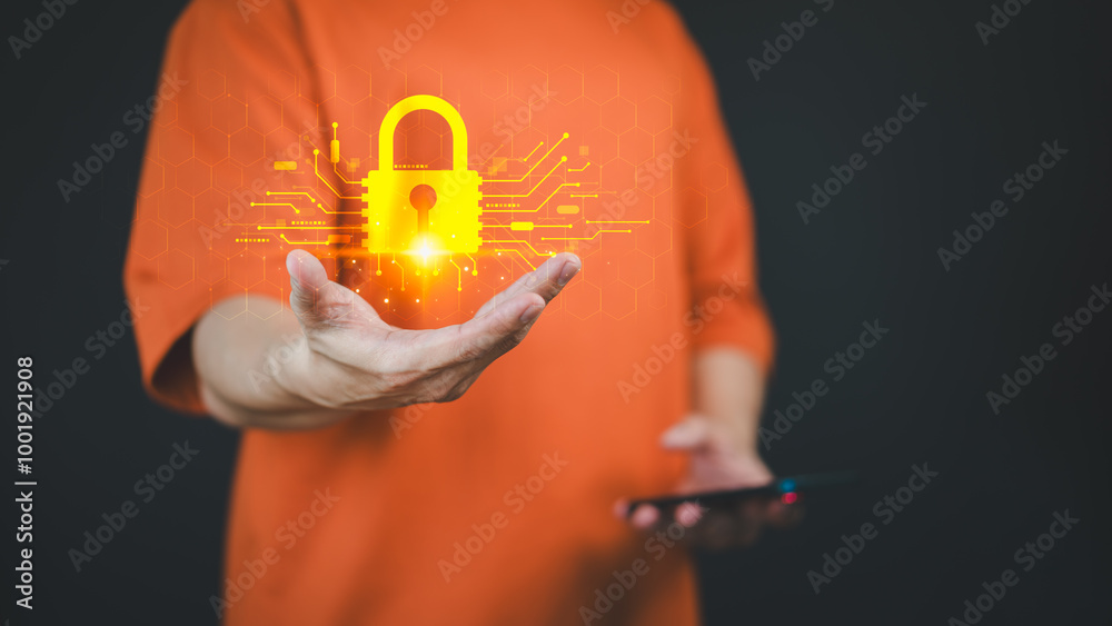 Poster person holds a glowing digital lock hologram in one hand, symbolizing cyber security, data protectio