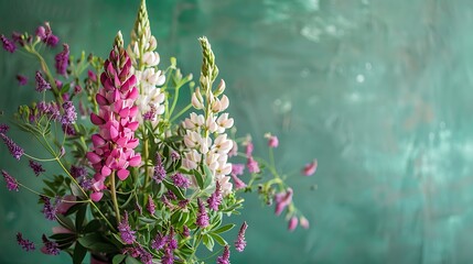 Obraz premium Charming bouquet of lupines on green background