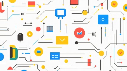 Fototapeta premium A minimalistic circuit board design featuring a simplified browser icon, emphasizing a clean and modern aesthetic. The artwork utilizes bright colors in a limited palette