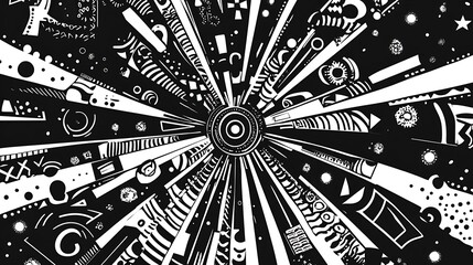 Abstract black and white pattern with radial lines and geometric shapes.