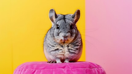 Obraz premium Chinchilla sitting on a cushion on pink and yellow background
