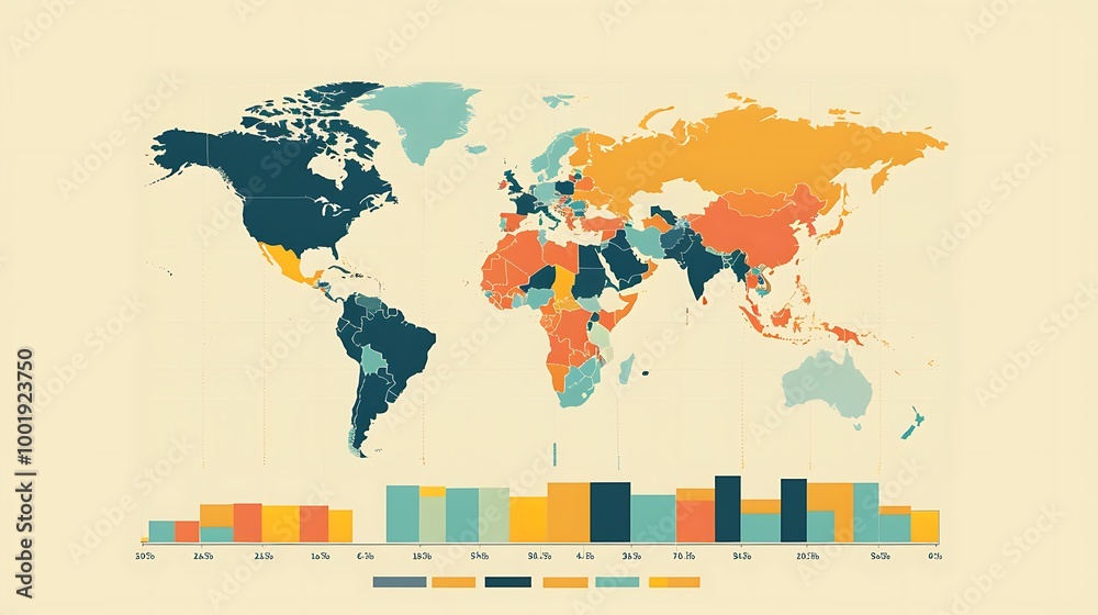 Poster data visualization of the world map with colored countries and a bar chart showing data percentages.