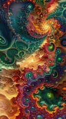 Complex fractal artwork featuring swirling spirals in rich, contrasting colors like green, red, and purple, creating a dynamic, abstract design that draws the viewer in.
