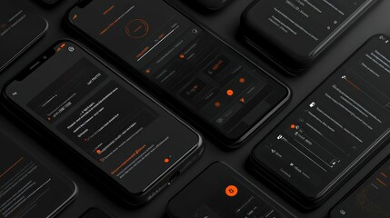 Black Smartphones with Orange Interface Displaying Data and Icons