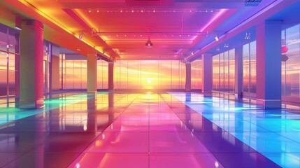 Fototapeta premium Vibrant Multi-Colored Room with Reflective Glass Walls, Glossy Floor, and Rainbow Lighting for Futuristic and Dynamic Interior Design Inspiration 