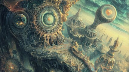 An ethereal cityscape with intricate, clockwork-like architecture and towering structures.