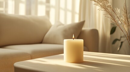 Product photography featuring a beautifully crafted candle on a coffee table in a bright, clean living room styled in creamy tones. This image captures the essence of Scandinavian design, 