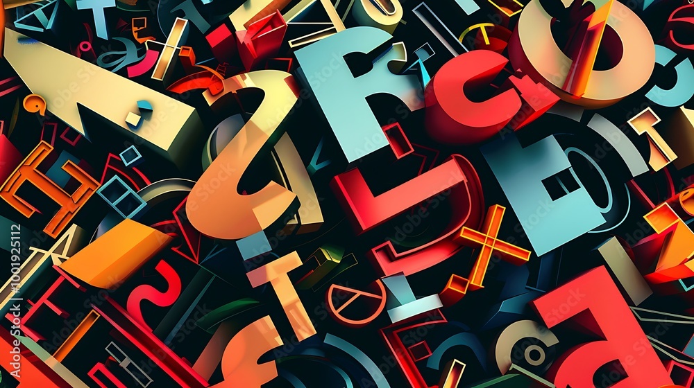 Poster vibrant background featuring a chaotic arrangement of colorful 3d letters and numbers, creating a dy