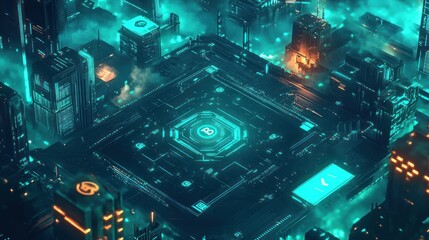 Fototapeta premium Cyberpunk Cityscape with a Bitcoin Symbol at its Center