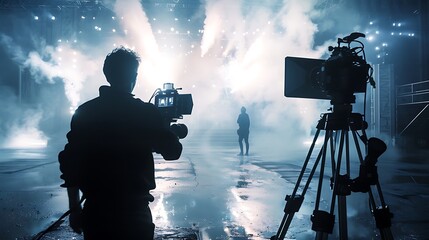 Fototapeta premium Cameraman films a scene on a movie set with a professional camera and a tripod, there's a lot of smoke and light on set.