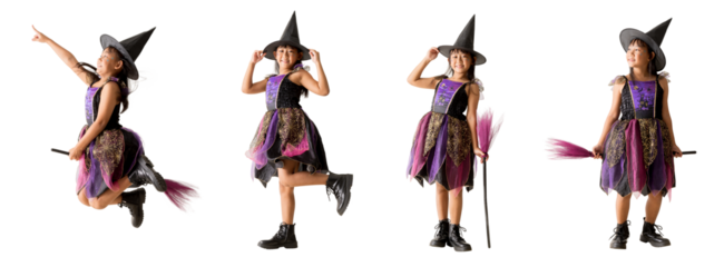 Set of cute asian girl Wear witch clothes with a broom Halloween day concept, Standing posing full body portrait isolated on white and transparent background, png