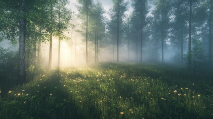 Obraz premium A foggy forest at dawn, with gentle rays of sunlight breaking through the mist