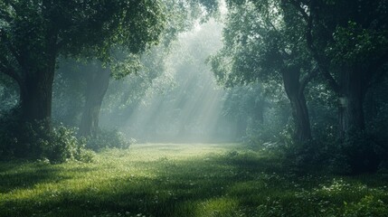 Obraz premium A foggy morning in an ancient forest, with faint rays of light breaking through