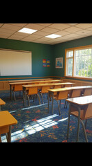 Fototapeta premium Empty classroom with wooden desks and chairs