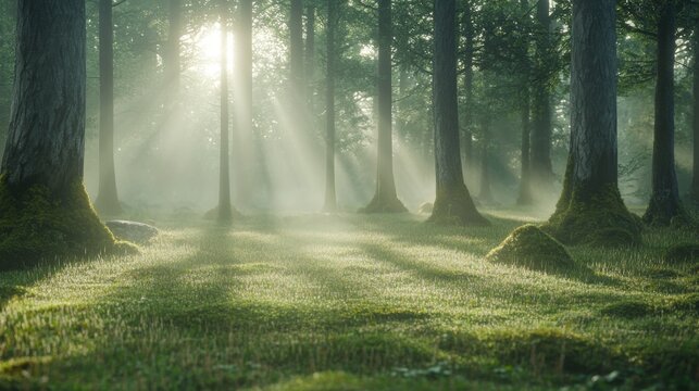A misty forest at dawn, with delicate sunbeams barely touching the forest floor