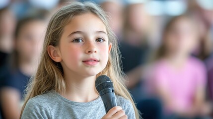 Young girl with long blonde hair confidently speaking into microphone, blurred audience in background. Capturing a moment of childhood bravery and public speaking.