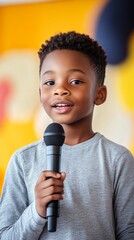 Confident young speaker holds microphone, ready to share thoughts with bright smile against vibrant yellow background, embodying youth and potential.